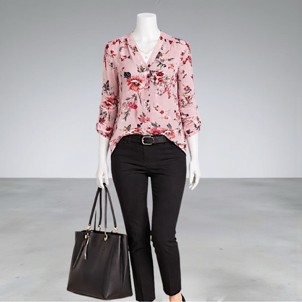 Zac & Rachel Blush Floral Print Roll-Tab Sleeve Blouse - Picture 3 of 11